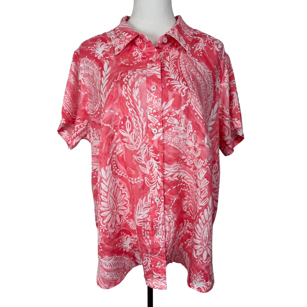 Talbots Women's Paisley Tropical Linen Button Down Shirt Pink Short Sleeve 2X